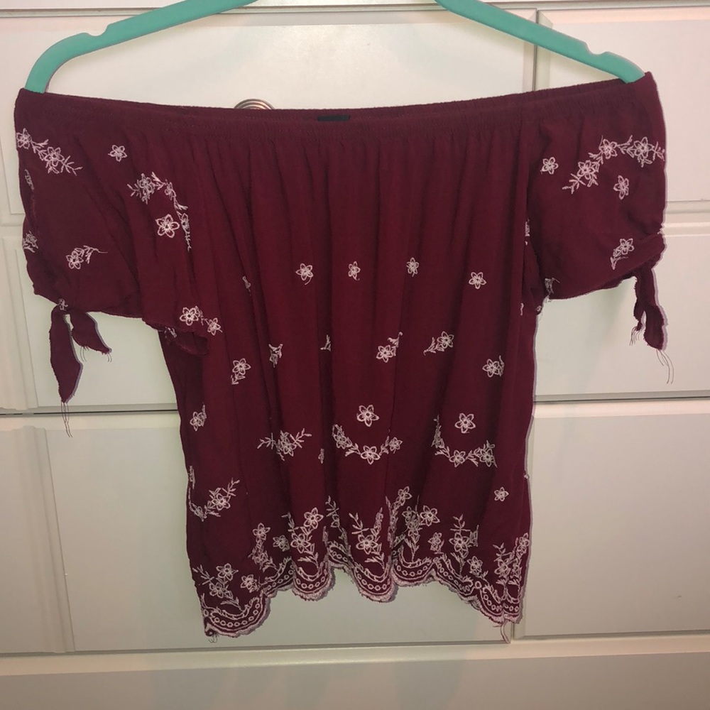 Off the shoulder red and white top